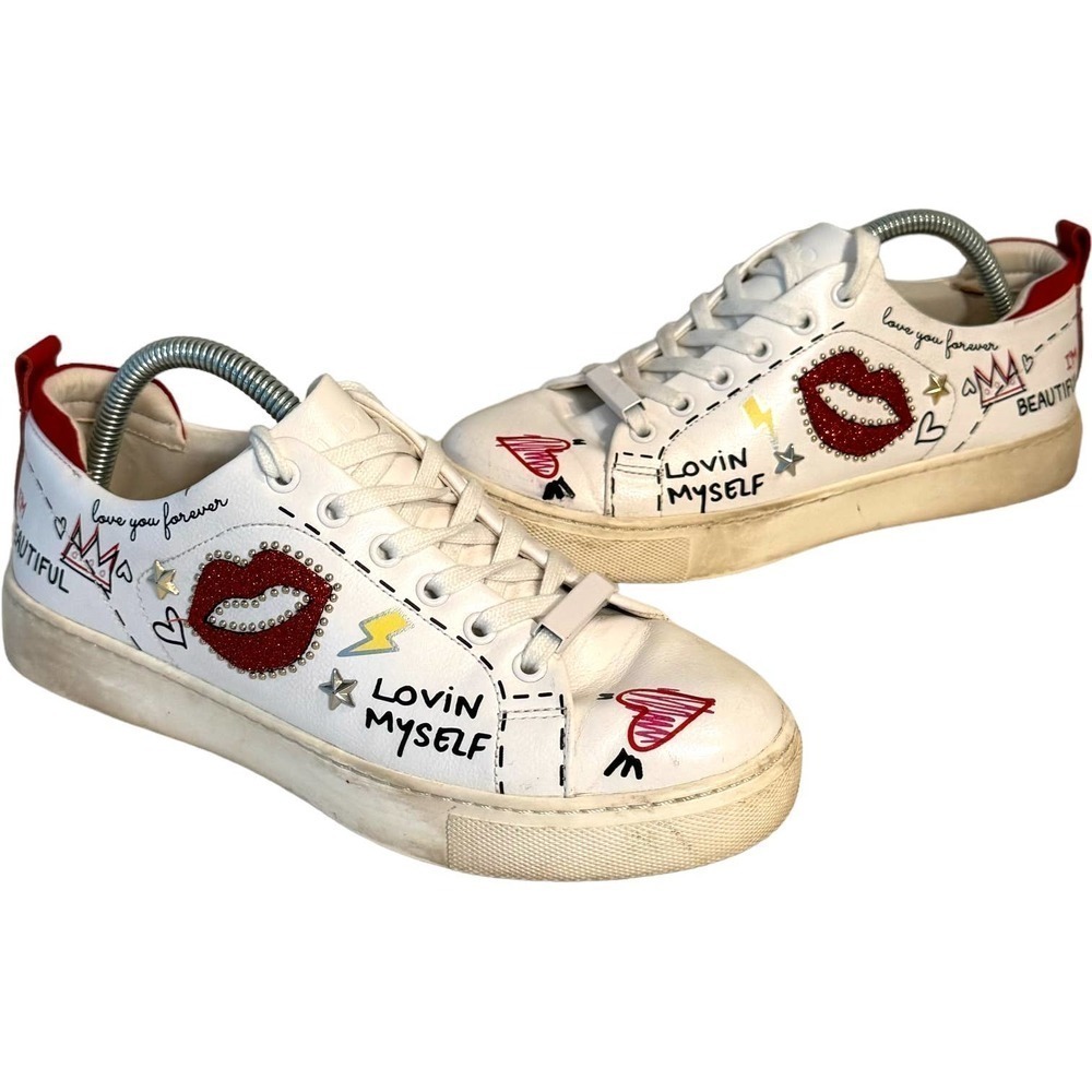 ALDO White Leather Sneakers with Lips Lightning Bolt Heart Women’s Size 6.5